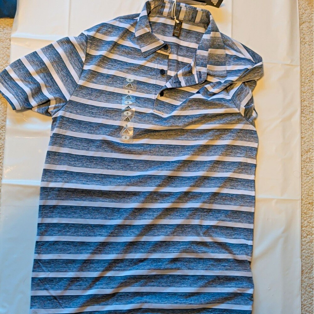Adidas Mens Golf Polo S Blue/White Striped Short Sleeve Polyester HS7579. Set 2